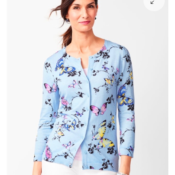TALBOTS petite charming butterfly knit cardigan button up lightweight blue MP - Picture 1 of 10